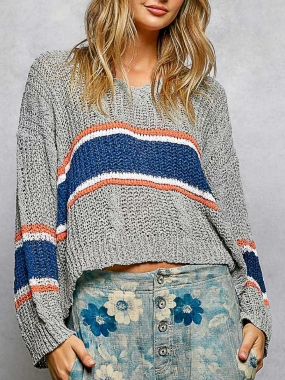 POL Gray Knit Stripe Cropped Sweater with Blue and Orange Accents